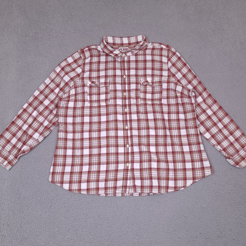Old Navy Womens Flannel XXL Shirt Red White Plaid Button Down Cotton Pockets